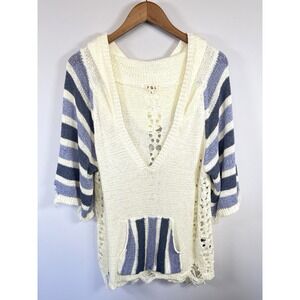 POL Womens Distressed Boho Oversized Hooded Sweater‎ Size L Ivory Pocket Beach